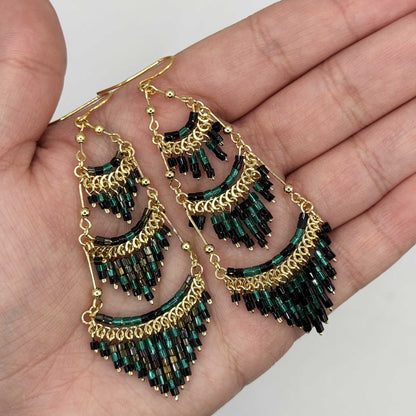 Dark Green Czech Beaded Chandelier Earrings Stainless Steel - Gem Avenue Retail