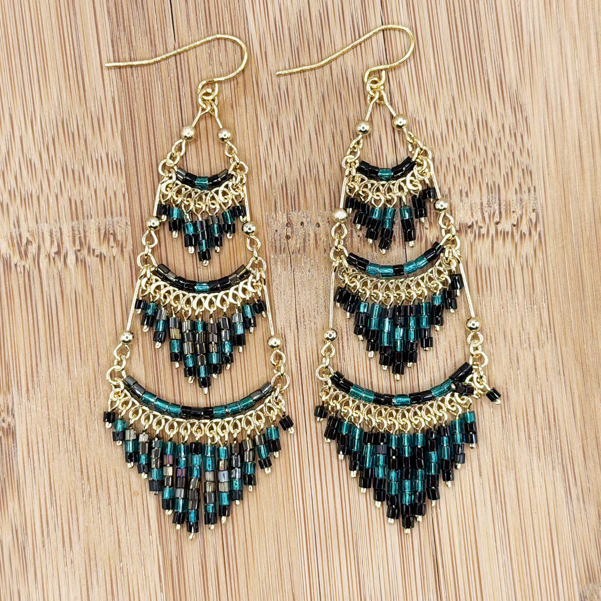 Dark Green Czech Beaded Chandelier Earrings Stainless Steel - Gem Avenue Retail