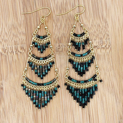 Dark Green Czech Beaded Chandelier Earrings Stainless Steel - Gem Avenue Retail