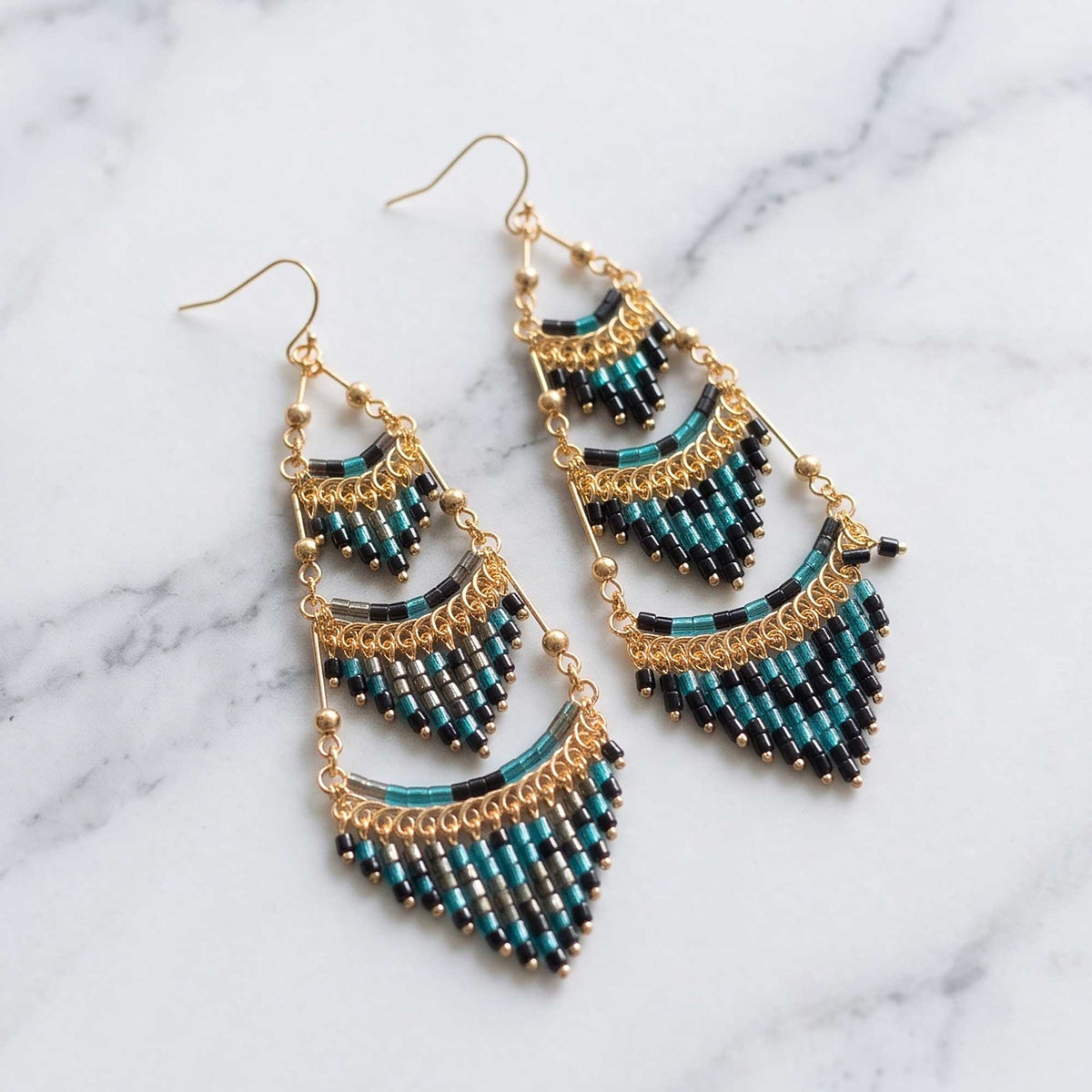Dark Green Czech Beaded Chandelier Earrings Stainless Steel - Gem Avenue Retail