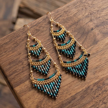 Dark Green Czech Beaded Chandelier Earrings Stainless Steel - Gem Avenue Retail