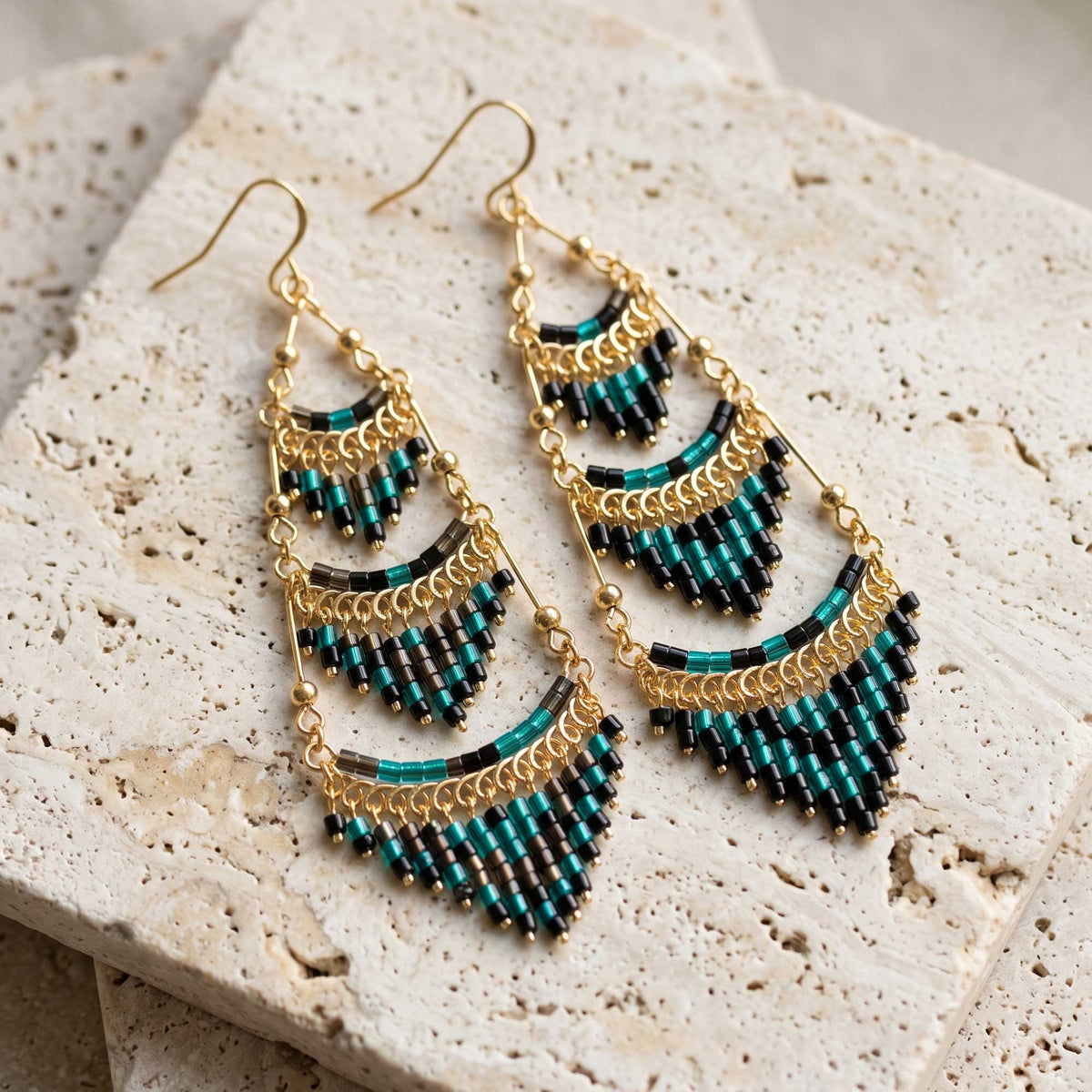 Dark Green Czech Beaded Chandelier Earrings Stainless Steel - Gem Avenue Retail