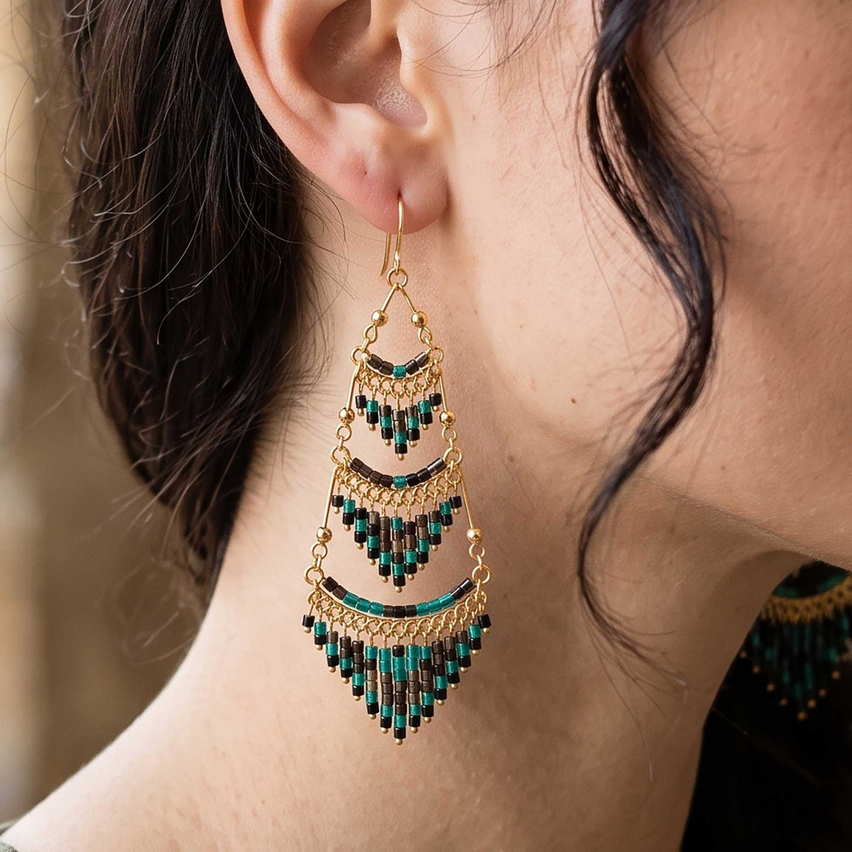 Dark Green Czech Beaded Chandelier Earrings Stainless Steel - Gem Avenue Retail