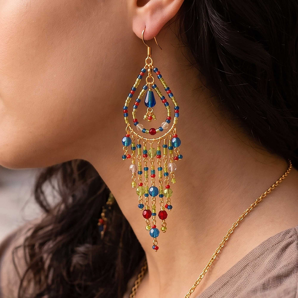 Multicolor Fire Polished Beaded Chandelier Earrings Stainless Steel - Gem Avenue Retail