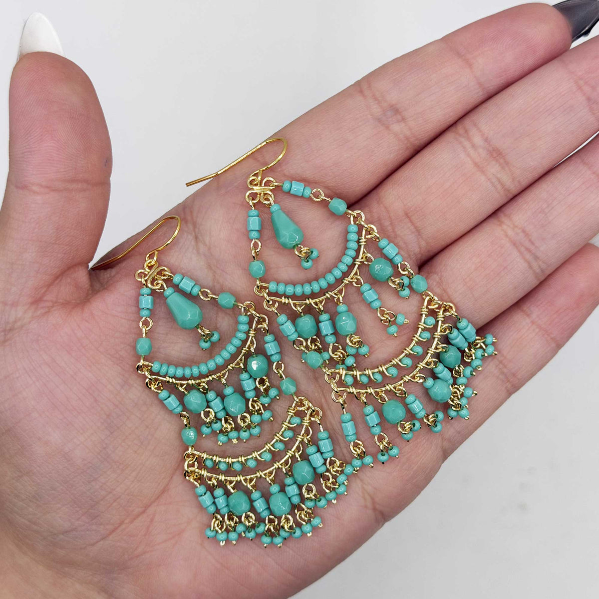 Green Fire Polished Beaded Stainless Steel Chandelier Earrings - Gem Avenue Retail