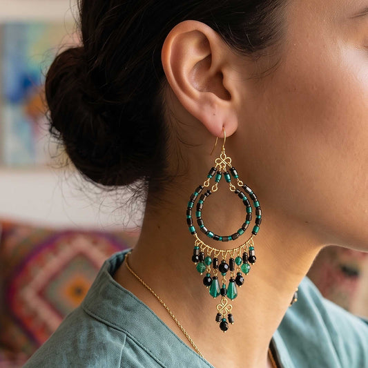 Green and Black Fire Polished Beaded Stainless Steel Chandelier Earrings - Gem Avenue Retail