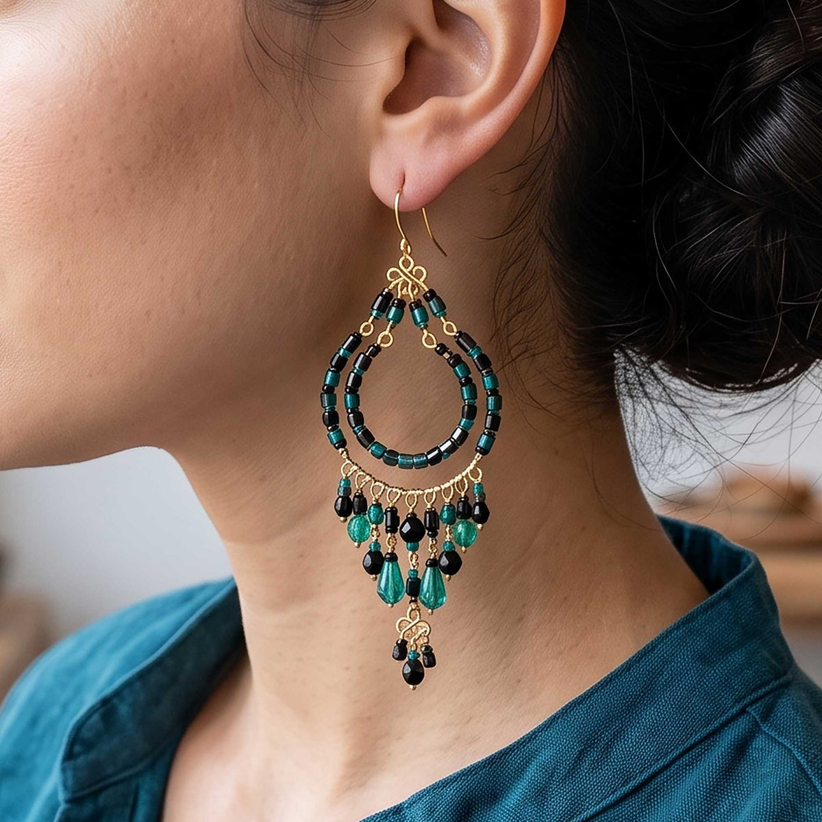 Green and Black Fire Polished Beaded Stainless Steel Chandelier Earrings - Gem Avenue Retail