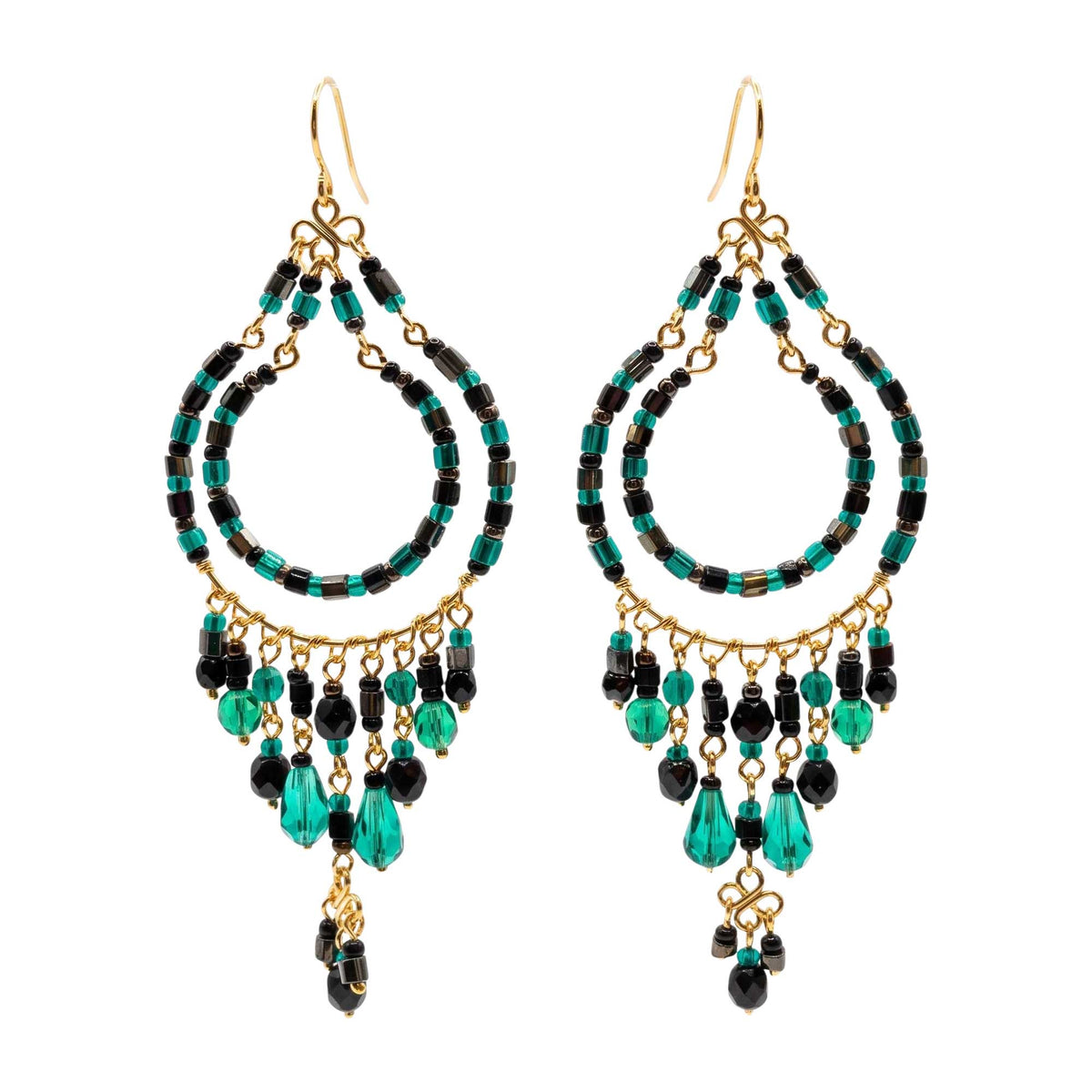 Green and Black Fire Polished Beaded Stainless Steel Chandelier Earrings - Gem Avenue Retail