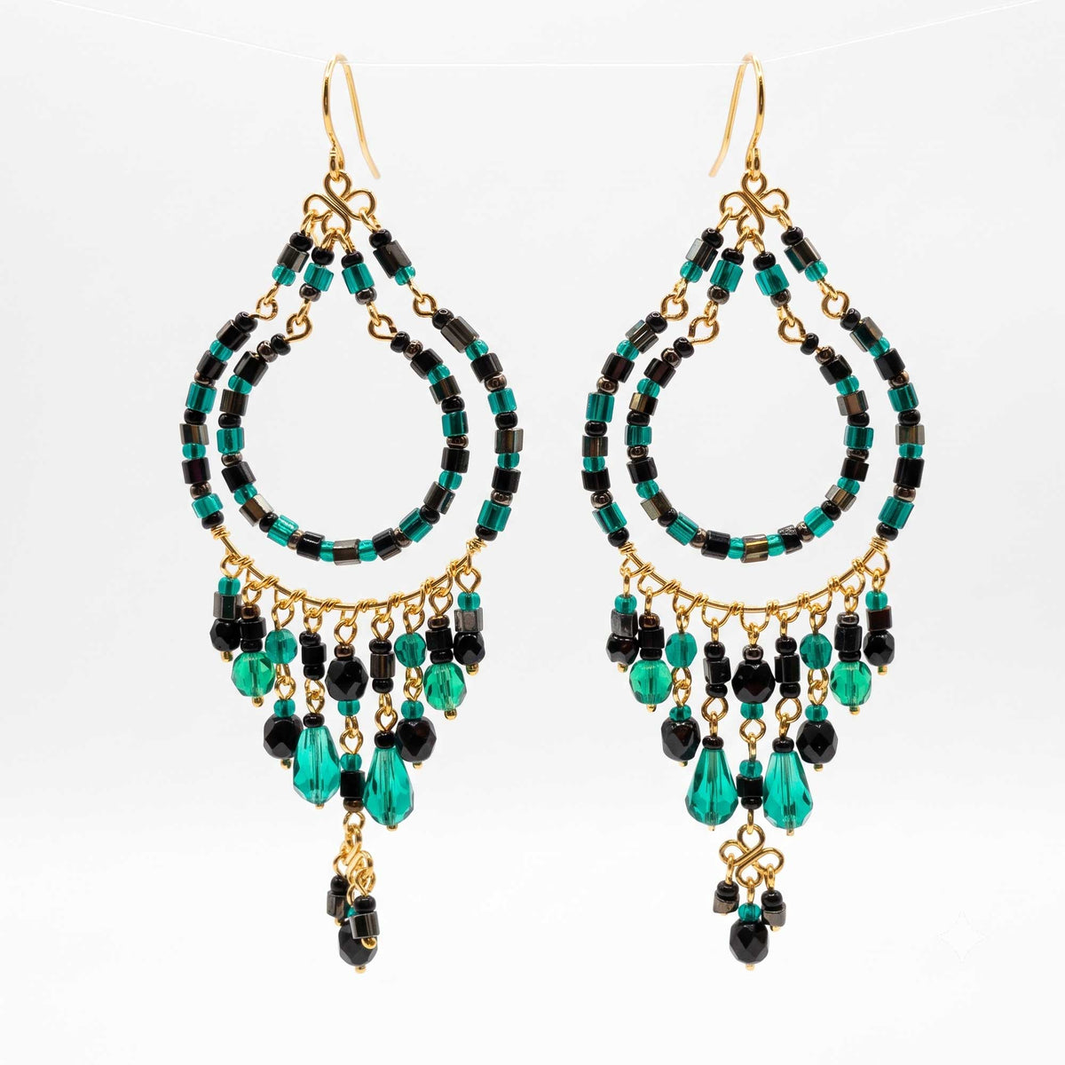 Green and Black Fire Polished Beaded Stainless Steel Chandelier Earrings - Gem Avenue Retail