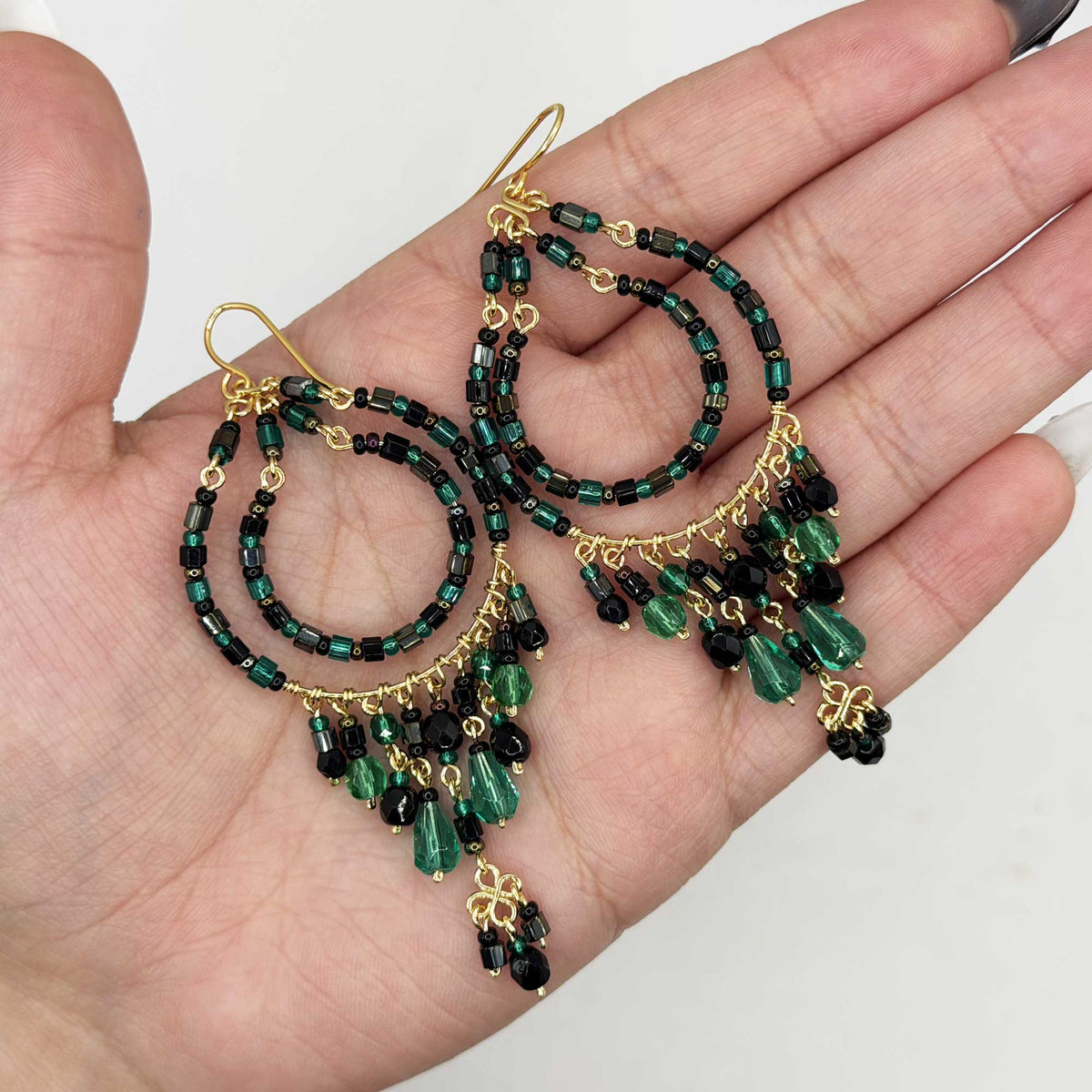 Green and Black Fire Polished Beaded Stainless Steel Chandelier Earrings - Gem Avenue Retail