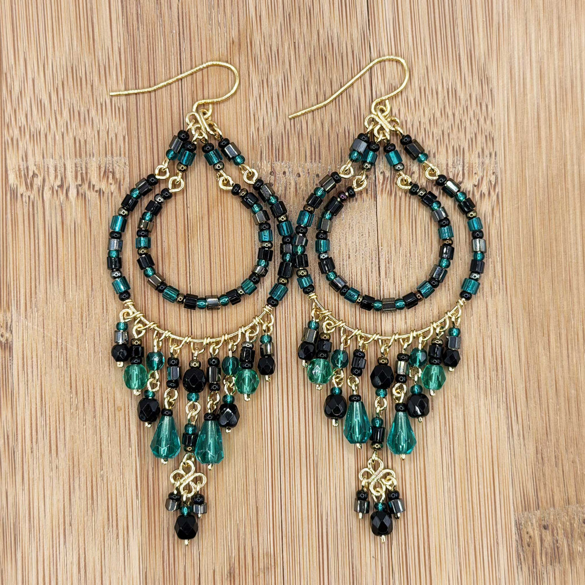 Green and Black Fire Polished Beaded Stainless Steel Chandelier Earrings - Gem Avenue Retail