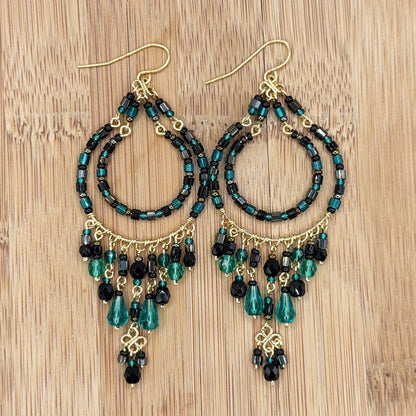Green and Black Fire Polished Beaded Stainless Steel Chandelier Earrings - Gem Avenue Retail