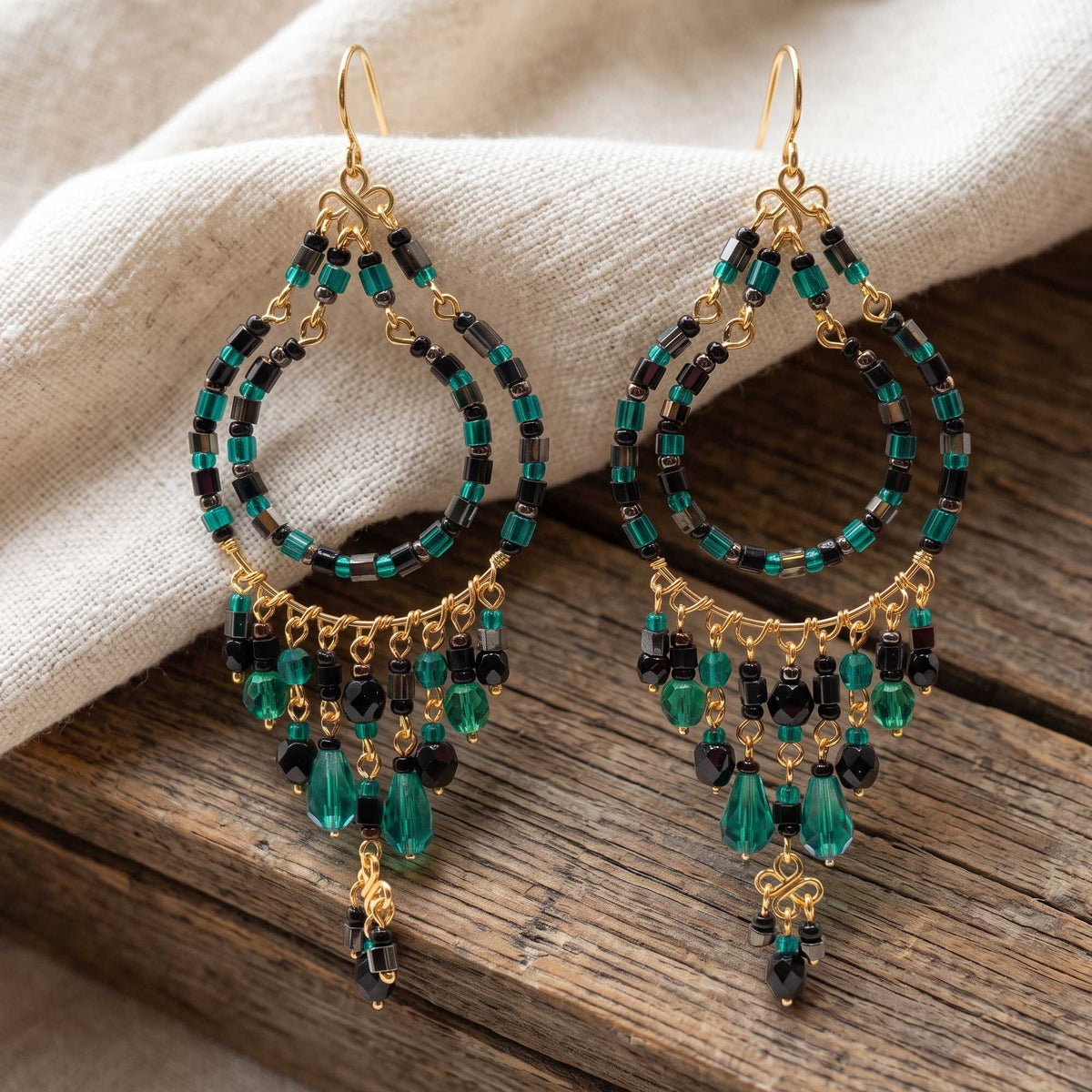 Green and Black Fire Polished Beaded Stainless Steel Chandelier Earrings - Gem Avenue Retail