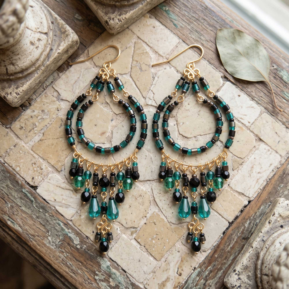 Green and Black Fire Polished Beaded Stainless Steel Chandelier Earrings - Gem Avenue Retail