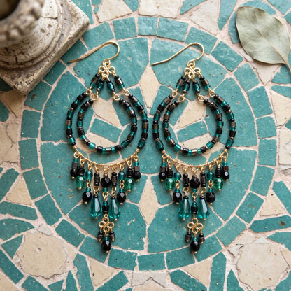 Green and Black Fire Polished Beaded Stainless Steel Chandelier Earrings - Gem Avenue Retail