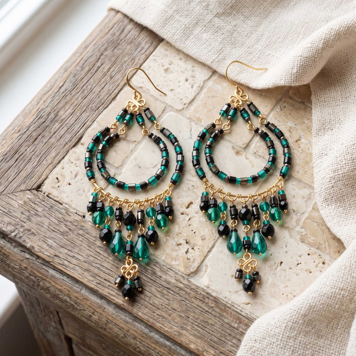 Green and Black Fire Polished Beaded Stainless Steel Chandelier Earrings - Gem Avenue Retail