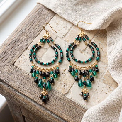 Green and Black Fire Polished Beaded Stainless Steel Chandelier Earrings - Gem Avenue Retail