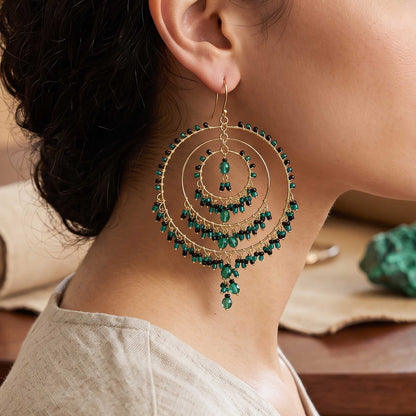 Green and Black Fire Polished Beaded Stainless Steel Circle Chandelier Earrings