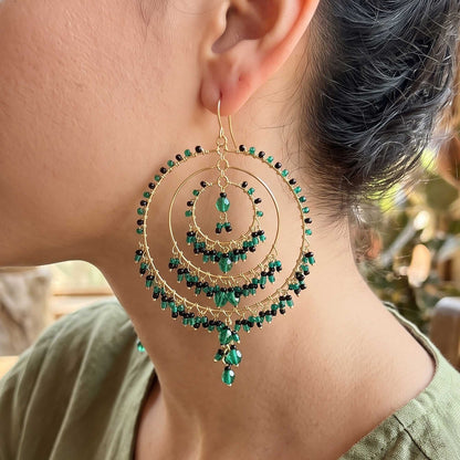 Green and Black Fire Polished Beaded Stainless Steel Circle Chandelier Earrings