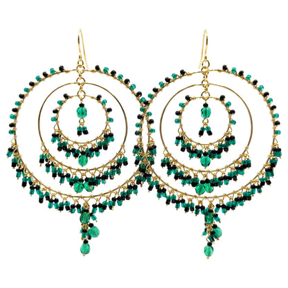 Green and Black Fire Polished Beaded Stainless Steel Circle Chandelier Earrings