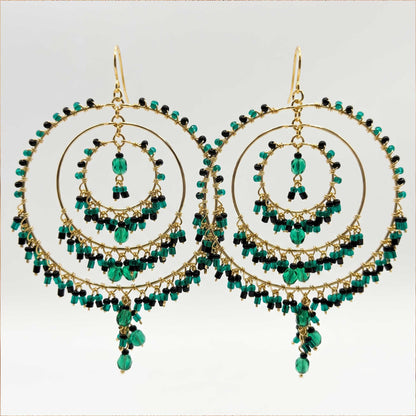 Green and Black Fire Polished Beaded Stainless Steel Circle Chandelier Earrings