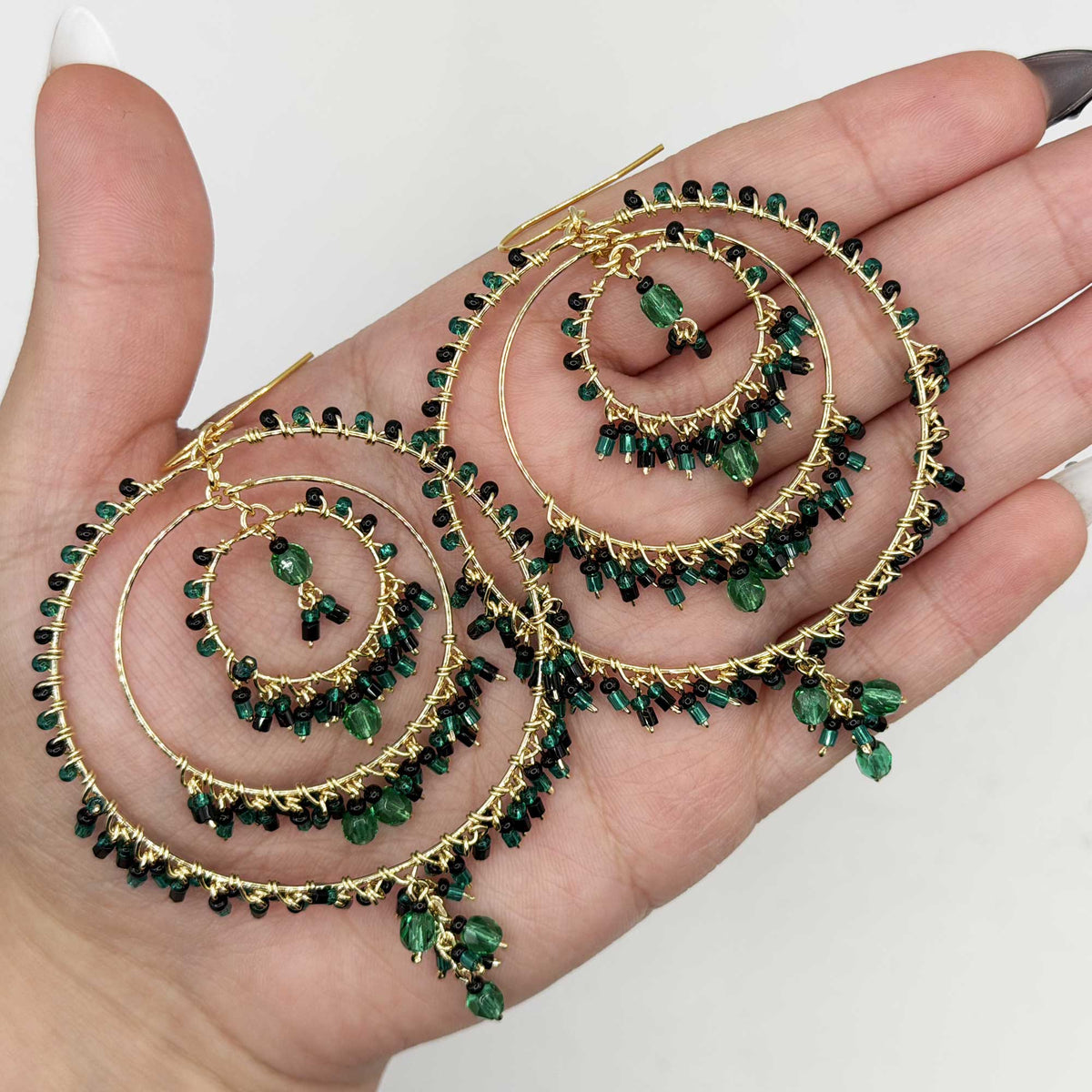 Green and Black Fire Polished Beaded Stainless Steel Circle Chandelier Earrings