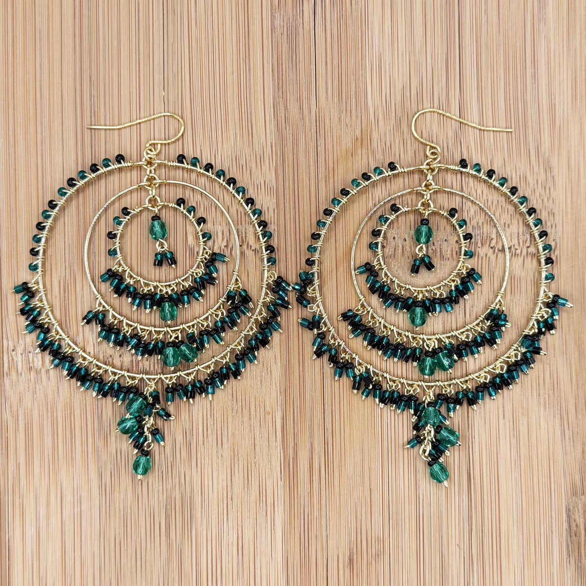 Green and Black Fire Polished Beaded Stainless Steel Circle Chandelier Earrings