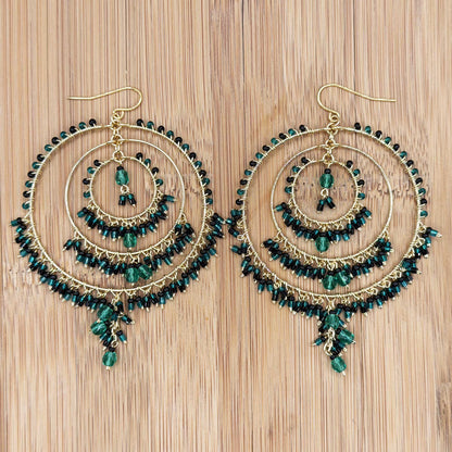 Green and Black Fire Polished Beaded Stainless Steel Circle Chandelier Earrings