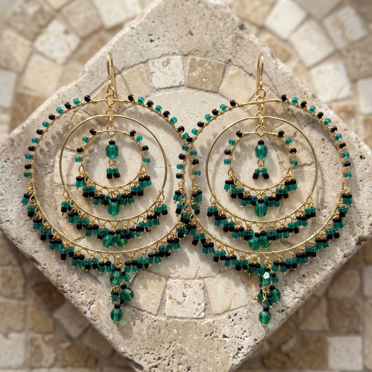 Green and Black Fire Polished Beaded Stainless Steel Circle Chandelier Earrings