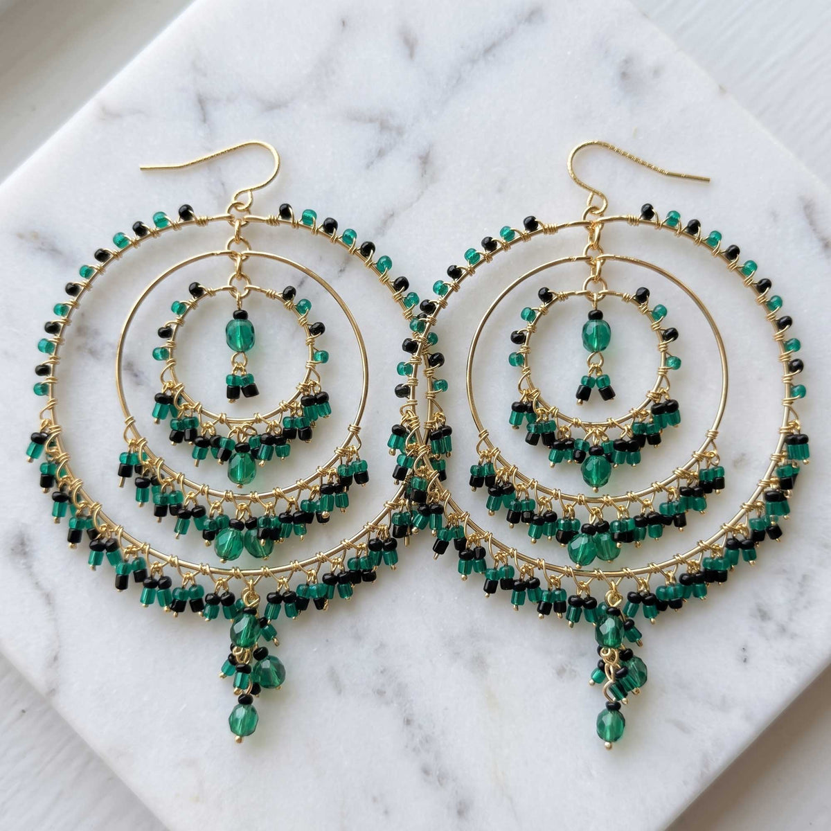 Green and Black Fire Polished Beaded Stainless Steel Circle Chandelier Earrings