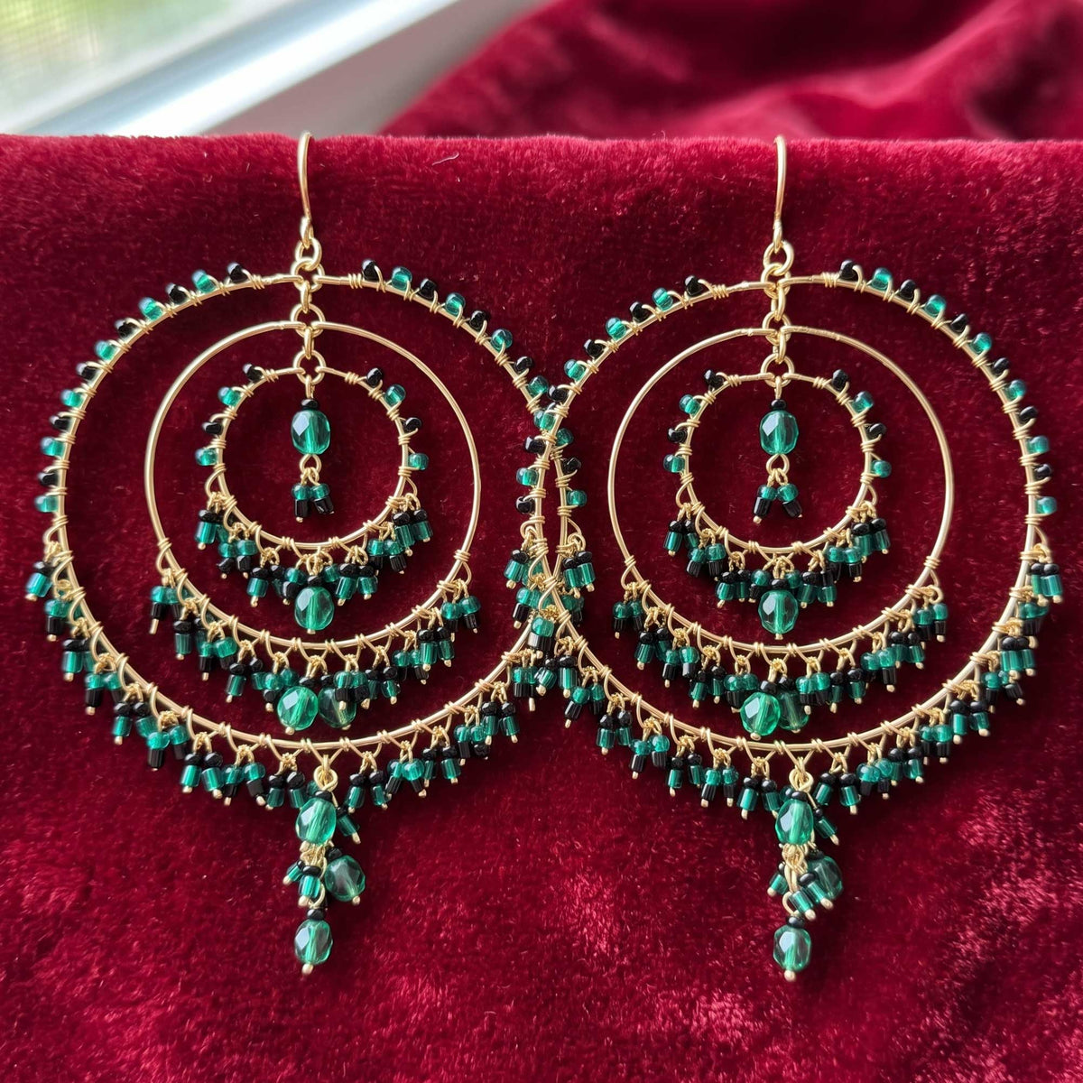 Green and Black Fire Polished Beaded Stainless Steel Circle Chandelier Earrings