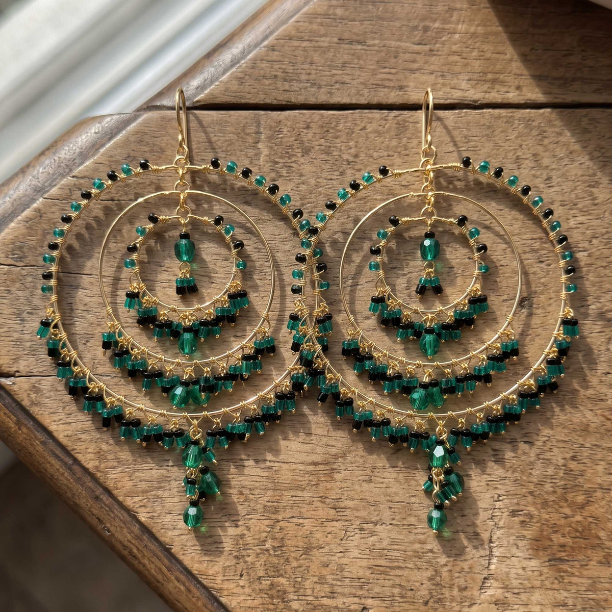 Green and Black Fire Polished Beaded Stainless Steel Circle Chandelier Earrings