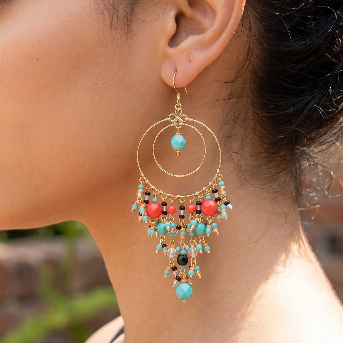 Multicolor Fire Polished Beaded Stainless Steel Circle Chandelier Earrings - Gem Avenue Retail