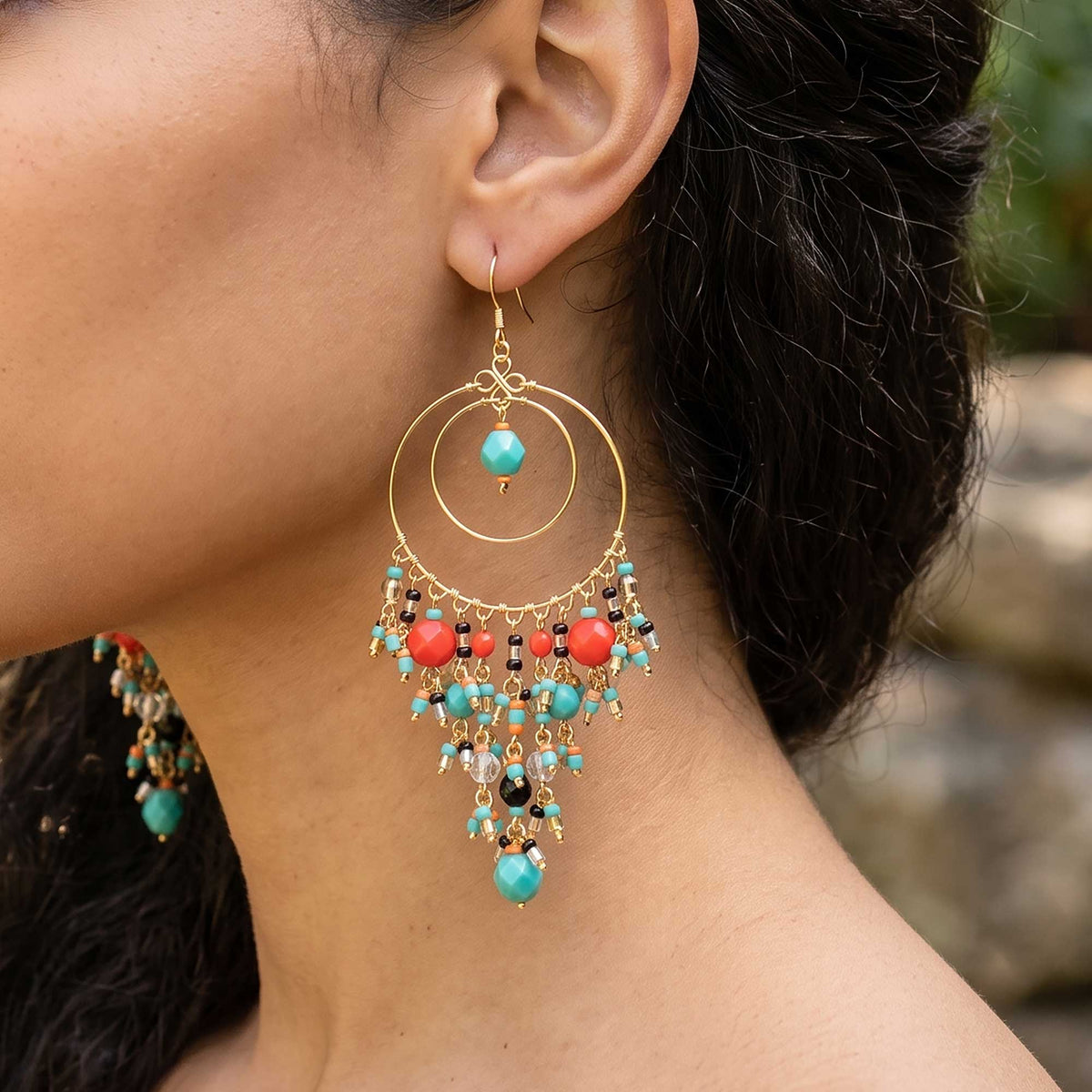 Multicolor Fire Polished Beaded Stainless Steel Circle Chandelier Earrings - Gem Avenue Retail
