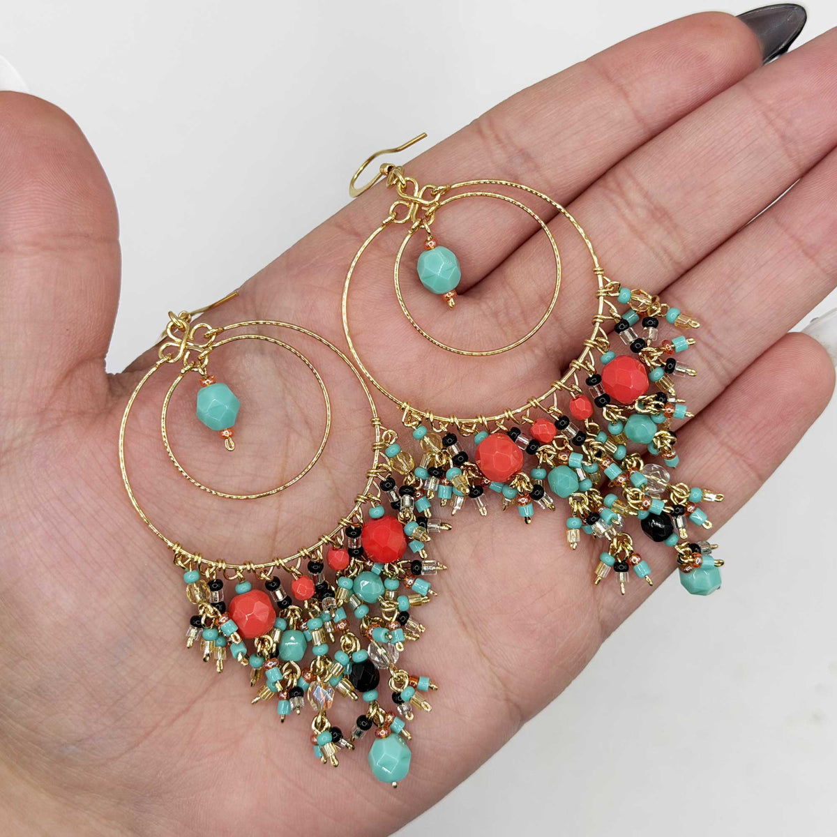 Multicolor Fire Polished Beaded Stainless Steel Circle Chandelier Earrings - Gem Avenue Retail