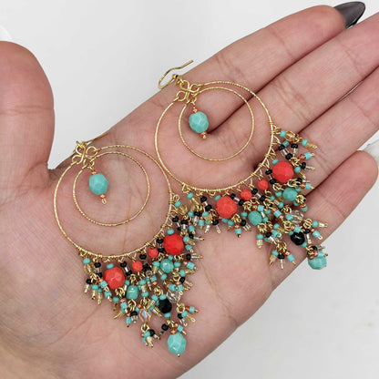 Multicolor Fire Polished Beaded Stainless Steel Circle Chandelier Earrings - Gem Avenue Retail