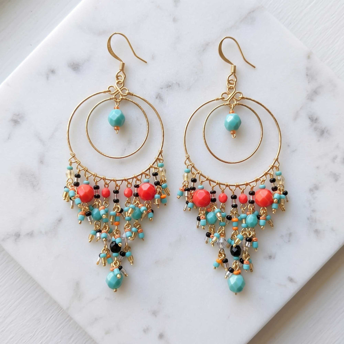 Multicolor Fire Polished Beaded Stainless Steel Circle Chandelier Earrings - Gem Avenue Retail