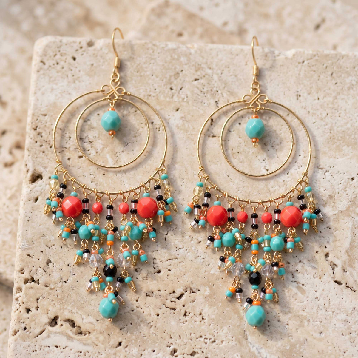 Multicolor Fire Polished Beaded Stainless Steel Circle Chandelier Earrings - Gem Avenue Retail