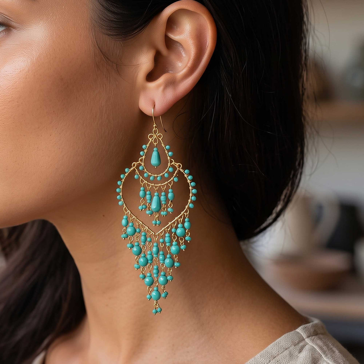 Green Fire Polished Beaded Stainless Steel Chandelier Earrings - Gem Avenue Retail