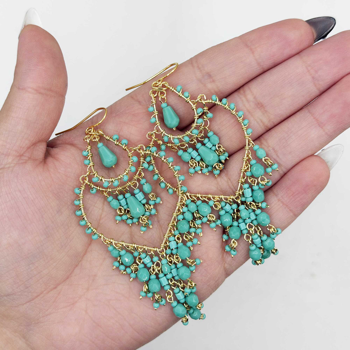 Green Fire Polished Beaded Stainless Steel Chandelier Earrings - Gem Avenue Retail