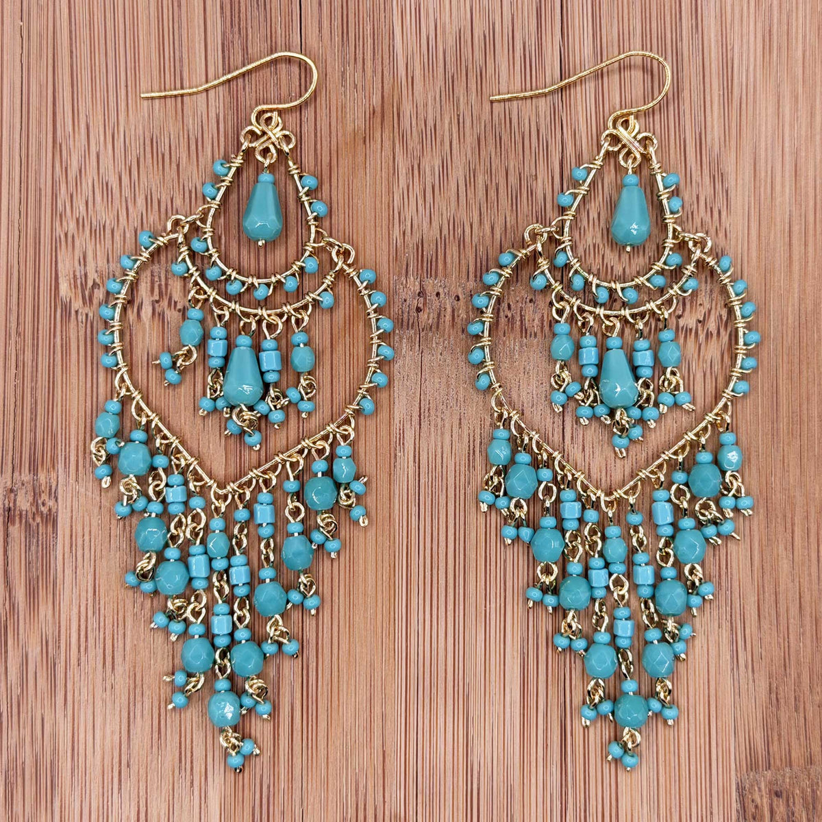 Green Fire Polished Beaded Stainless Steel Chandelier Earrings - Gem Avenue Retail