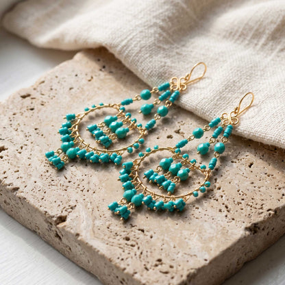 Green Fire Polished Beaded Stainless Steel Chandelier Earrings