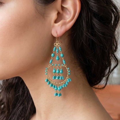 Green Fire Polished Beaded Stainless Steel Chandelier Earrings