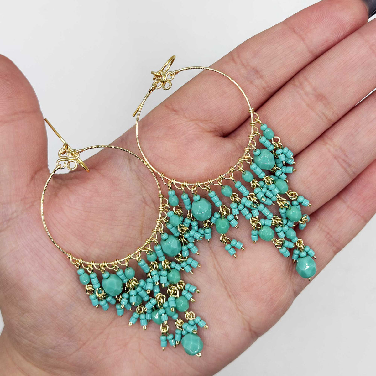 Green Fire Polished Beaded Stainless Steel Hoop Chandelier Earrings - Gem Avenue Retail
