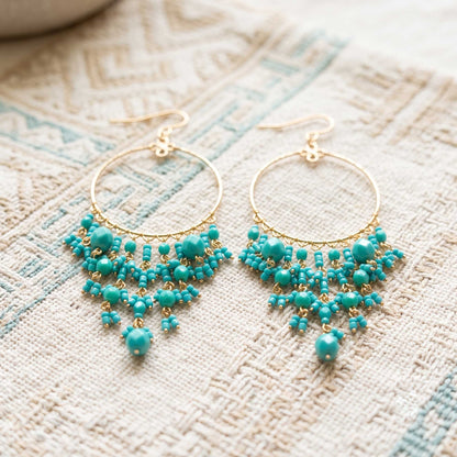 Green Fire Polished Beaded Stainless Steel Hoop Chandelier Earrings - Gem Avenue Retail
