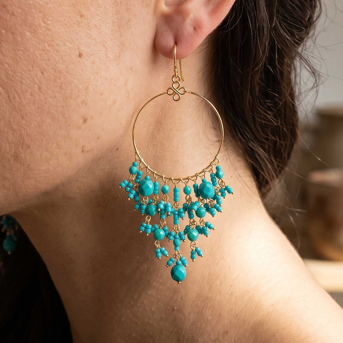 Green Fire Polished Beaded Stainless Steel Hoop Chandelier Earrings - Gem Avenue Retail