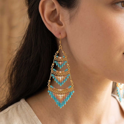 Cleopatra Czech Beaded Chandelier Earrings, Gold Tone Stainless Steel - Gem Avenue Retail