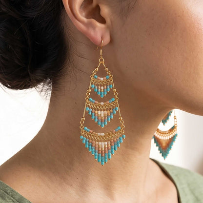 Cleopatra Czech Beaded Chandelier Earrings, Gold Tone Stainless Steel - Gem Avenue Retail