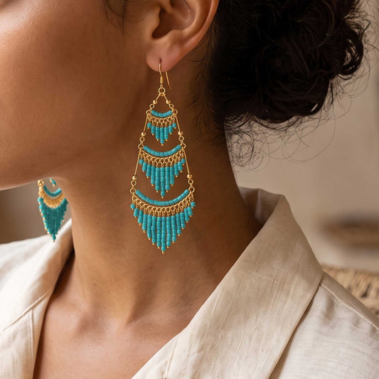 Cleopatra Czech Beaded Chandelier Earrings, Gold Tone Stainless Steel - Gem Avenue Retail