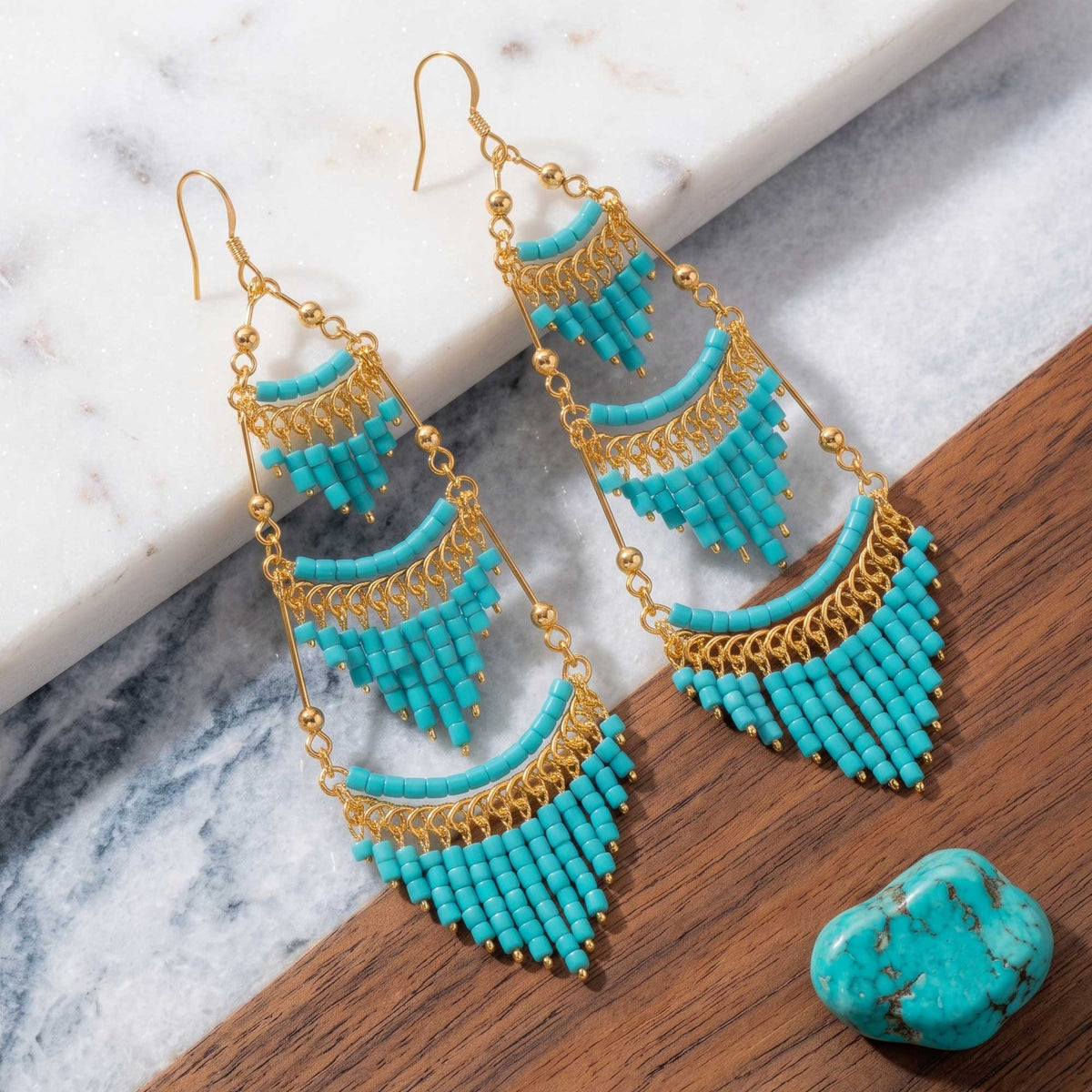 Cleopatra Czech Beaded Chandelier Earrings, Gold Tone Stainless Steel - Gem Avenue Retail